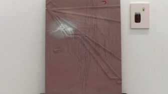 Monica Trieu, 'bring this to auntie' 2024, Ceramics, glaze, found milk crates, construction screws, oil on  MDF board, wood panel, grout, cardboard, acrylic on found paper.