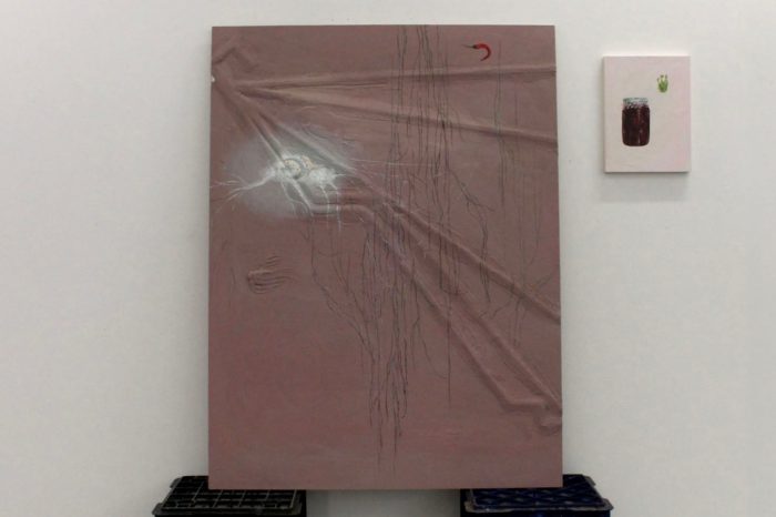 Monica Trieu, 'bring this to auntie' 2024, Ceramics, glaze, found milk crates, construction screws, oil on  MDF board, wood panel, grout, cardboard, acrylic on found paper.