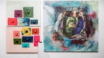 Aarhon Silver, 'Feeling anxious? ...there that's better' 2025. Acrylic on canvas, print on canvas, sound buttons on canvas/board; Painting: 192 x 178cm; 2 wood panels: 120 x 90cm; Plinth: 20 x 20 x 100cm.