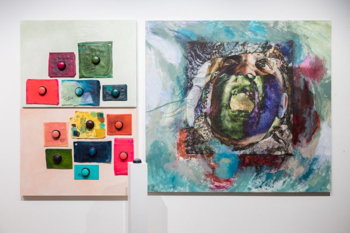 Aarhon Silver, 'Feeling anxious? ...there that's better' 2025. Acrylic on canvas, print on canvas, sound buttons on canvas/board; Painting: 192 x 178cm; 2 wood panels: 120 x 90cm; Plinth: 20 x 20 x 100cm.