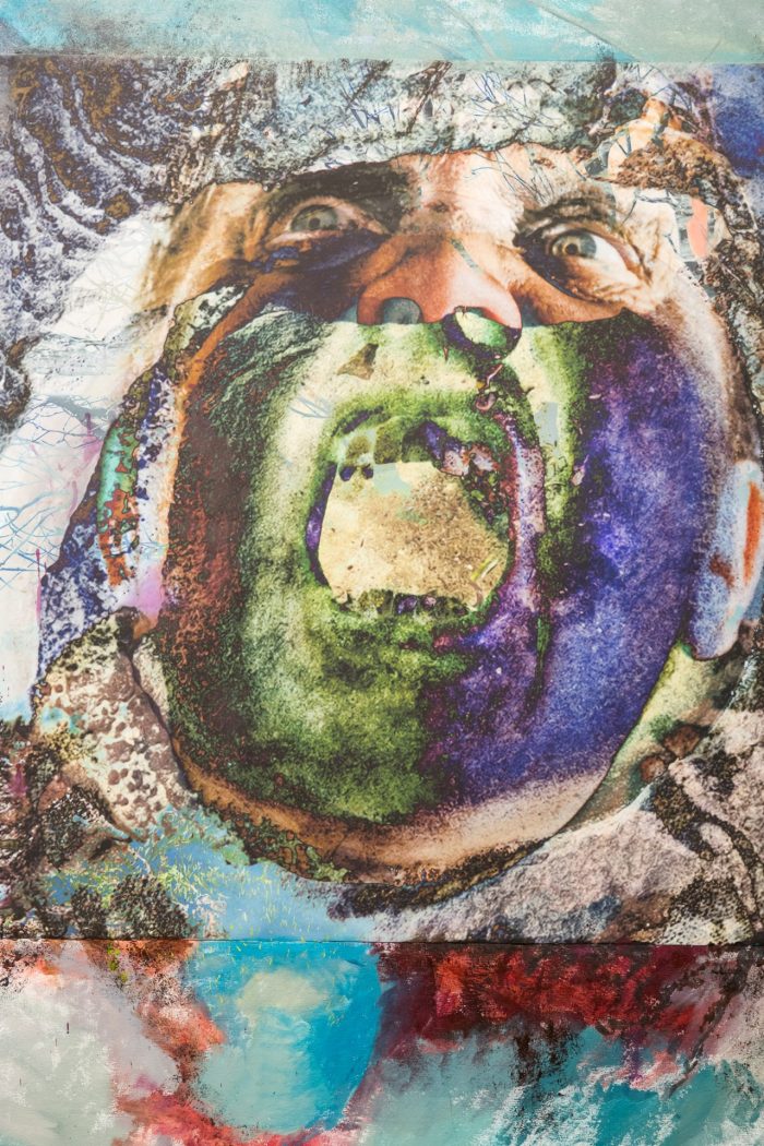 Aarhon Silver, 'Feeling anxious? ...there that's better' 2025. Acrylic on canvas, print on canvas, sound buttons on canvas/board; Painting: 192 x 178cm; 2 wood panels: 120 x 90cm; Plinth: 20 x 20 x 100cm.