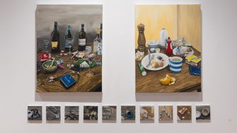 Ava McClure, 'Pre and post hangover' 2025. Oil on Canvas; 2 Paintings: approx. 61 x 41cm each; 10 paintings: approx. 10 x 10cm each.