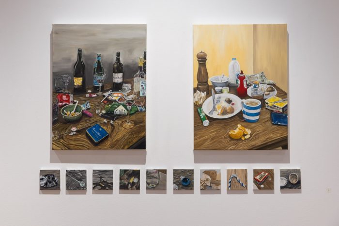 Ava McClure, 'Pre and post hangover' 2025. Oil on Canvas; 2 Paintings: approx. 61 x 41cm each; 10 paintings: approx. 10 x 10cm each.