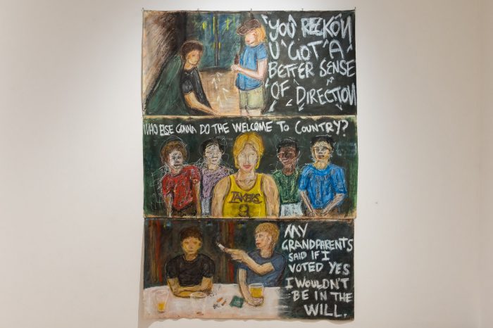 Elijah Kinnavong, 'Casual' 2025. Acrylic and oil on unstretched canvas with steel wire; 3 panels: approx. 210 x 150cm each.