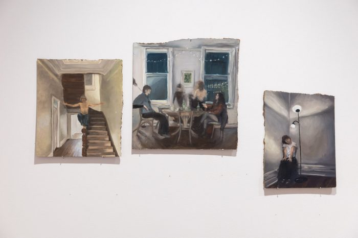Grace Milross, 'Housewarming' 2025. Oil on board; 3 paintings: 33 x 38cm, 40 x 43cm, 27 x 36cm.  