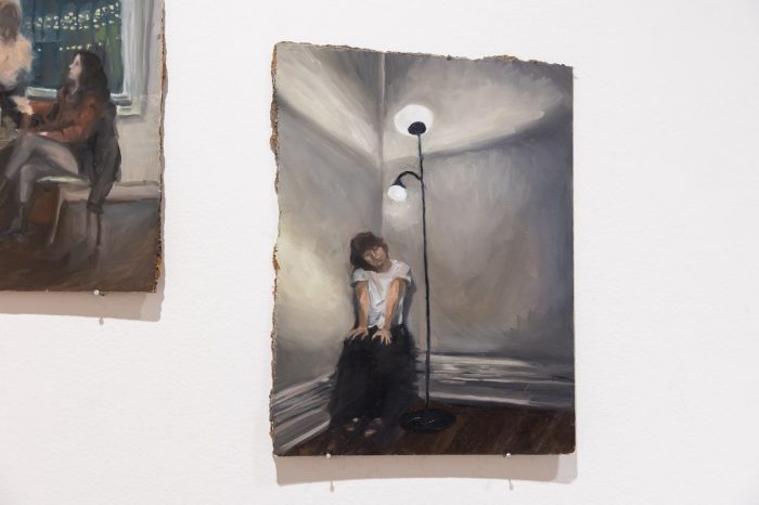 Grace Milross, 'Housewarming' 2025. Oil on board; 3 paintings: 33 x 38cm, 40 x 43cm, 27 x 36cm.  