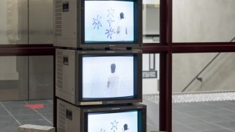 Harrison Rae, 'Eureka' 2025. Video, 5 CRT monitors (spray paint, pen, house paint), 62 minute loop.