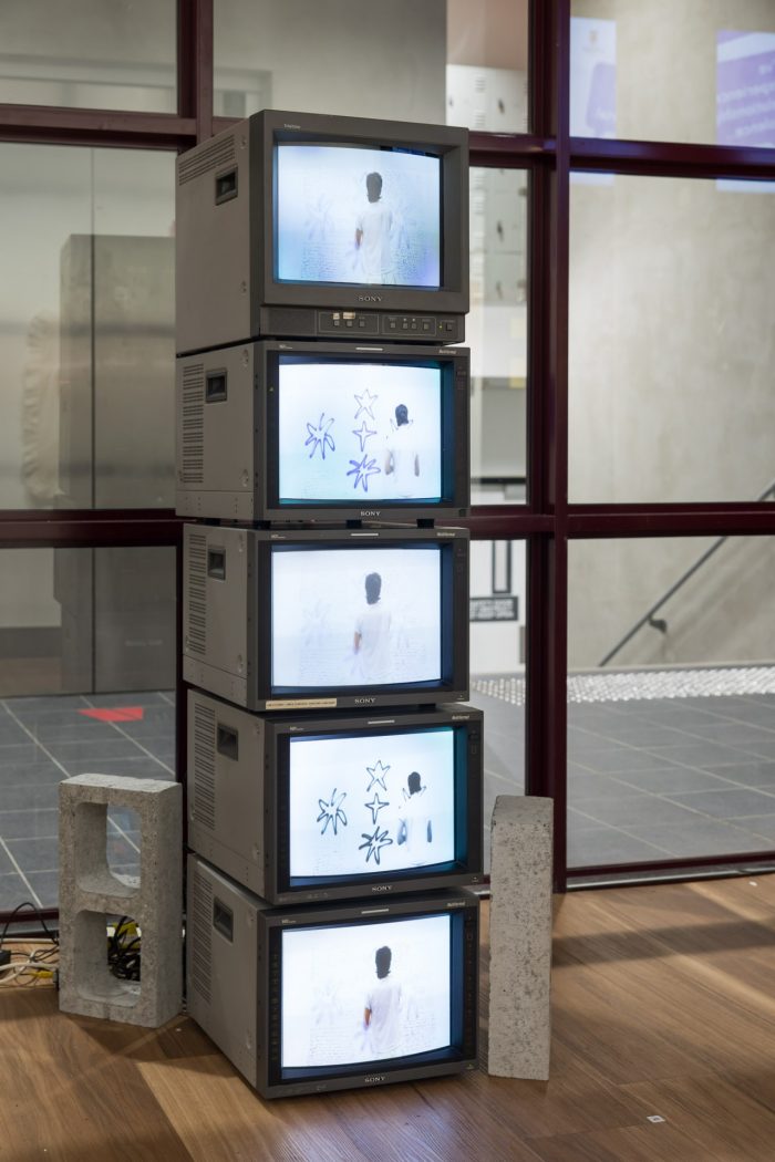 Harrison Rae, 'Eureka' 2025. Video, 5 CRT monitors (spray paint, pen, house paint), 62 minute loop.