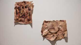 Jess Curran, ‘Seamless’ 2025. Oil paint on loose canvas and slept-in bed sheets, thread, embroidery hoop, glass beads; Diptych: approx. 77 x 58cm combined. 