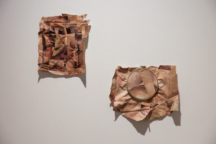 Jess Curran, ‘Seamless’ 2025. Oil paint on loose canvas and slept-in bed sheets, thread, embroidery hoop, glass beads; Diptych: approx. 77 x 58cm combined. 