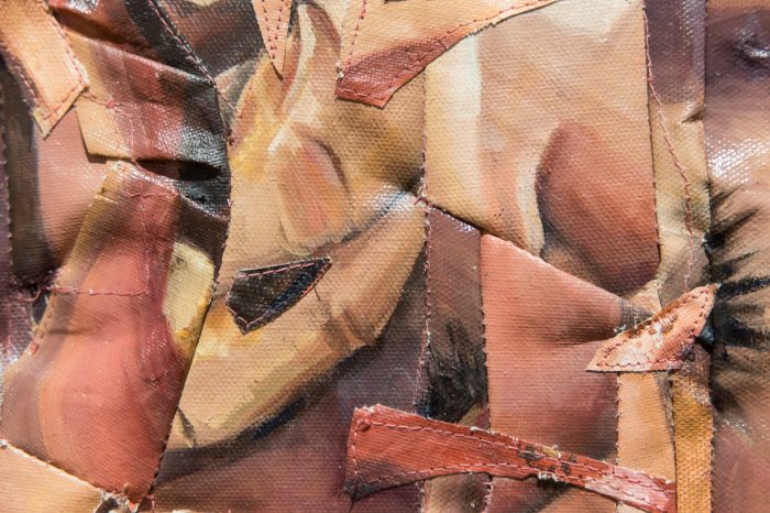 Jess Curran, ‘Seamless’ 2025. Oil paint on loose canvas and slept-in bed sheets, thread, embroidery hoop, glass beads; Diptych: approx. 77 x 58cm combined. 