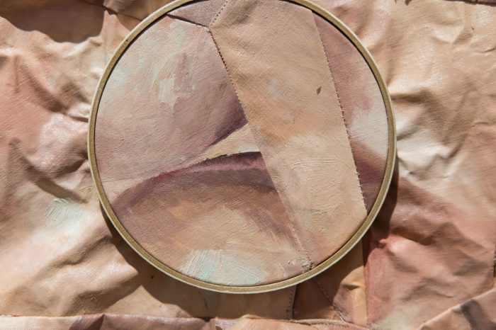 Jess Curran, ‘Seamless’ 2025. Oil paint on loose canvas and slept-in bed sheets, thread, embroidery hoop, glass beads; Diptych: approx. 77 x 58cm combined. 