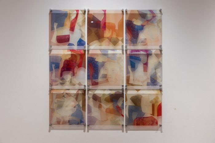 Joanna Murray, ‘Windows’ 2025. Oil painting and digital art on acrylic sheets; 9 acrylic sheets: 34.9 x 34.9cm each.