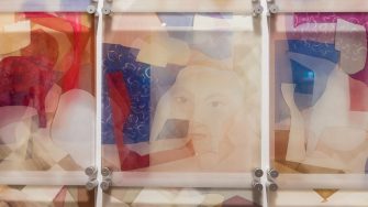 Joanna Murray, ‘Windows’ 2025. Oil painting and digital art on acrylic sheets; 9 acrylic sheets: 34.9 x 34.9cm each.