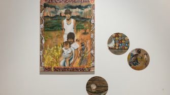 Leilani Knight, ‘Mother's Meals’ 2025. Oil paint, solar-print, canvas, found textiles, cork board; Wall works: Mother’s Meals, 61 x 81.5cm, Pint, 25 x 25cm, Bottlecap Memoirs, 25 x 25cm, Emu Hassling, 25 x 25cm; On plinth: Emu Eggs, 25 x 25cm, Yabby and Seeds, 25 x 25cm, Kangaroo and Saltbush, 25 x 25cm. 