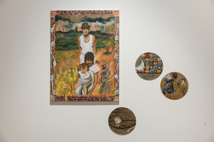 Leilani Knight, ‘Mother's Meals’ 2025. Oil paint, solar-print, canvas, found textiles, cork board; Wall works: Mother’s Meals, 61 x 81.5cm, Pint, 25 x 25cm, Bottlecap Memoirs, 25 x 25cm, Emu Hassling, 25 x 25cm; On plinth: Emu Eggs, 25 x 25cm, Yabby and Seeds, 25 x 25cm, Kangaroo and Saltbush, 25 x 25cm. 