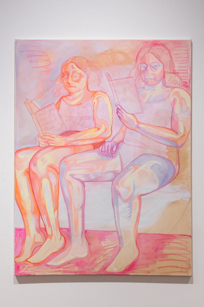 Lucy Parkinson, ‘Reading in Public’ 2025. Oil paint and oil pastel on canvas, 91 x 121cm. 