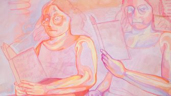 Lucy Parkinson, ‘Reading in Public’ 2025. Oil paint and oil pastel on canvas, 91 x 121cm. 