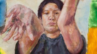 Mei Lin Meyers, ‘Fruit Bag Core’ 2025. Oil on recycled unstretched canvas, plywood, faux fur, paracord, images on printer paper, spray paint, polyester thread, buttons, acupressure ring, metal fixtures, tiger balm, family storage container, recycled calico and polyester fill, op-shop glass bowl; Floor work: approx. 130 x 50 x 15cm; Wall work: approx. 260 x 70cm.