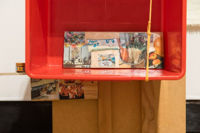 Mei Lin Meyers, ‘Fruit Bag Core’ 2025. Oil on recycled unstretched canvas, plywood, faux fur, paracord, images on printer paper, spray paint, polyester thread, buttons, acupressure ring, metal fixtures, tiger balm, family storage container, recycled calico and polyester fill, op-shop glass bowl; Floor work: approx. 130 x 50 x 15cm; Wall work: approx. 260 x 70cm.