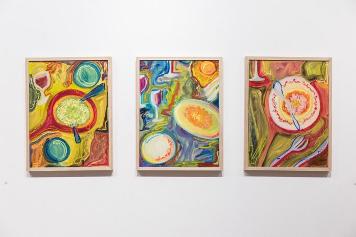Molly Webster, ‘The Whole Feast’ 2025. Oil paint and pastels; 3 paintings: approx. 45 x 61cm each.