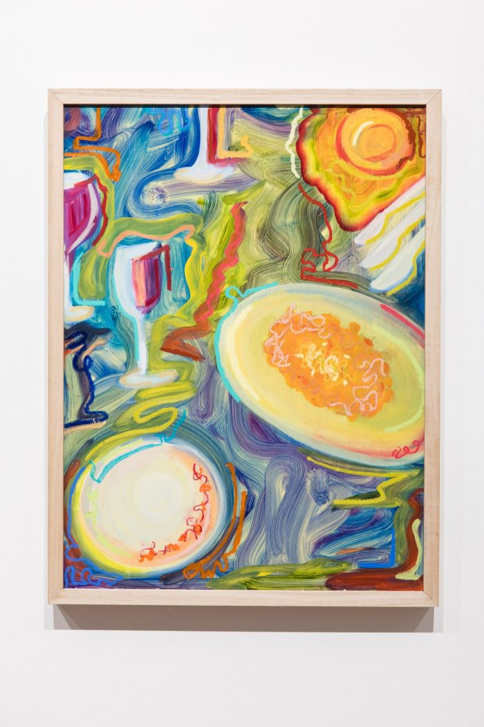 Molly Webster, ‘The Whole Feast’ 2025. Oil paint and pastels; 3 paintings: approx. 45 x 61cm each.