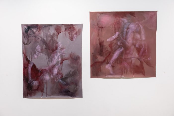 Skye Wallace, ‘Intrapersonalities’ 2025. Oil, pencil & pastel primer on loose canvas; 2 paintings: ‘Emergence’, approx. 119 x 105cm, ‘Misbehaviour’, approx. 108 x 110cm.