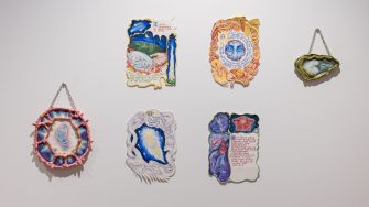 Tash Brobyn, ‘Cygnet’ 2025. Watercolour and gouache on cotton paper, gouache on earthenware; 4 paintings: approx. 25 x 21cm each; 2 ceramic pieces: 25 x 23cm, 9 x 14cm.