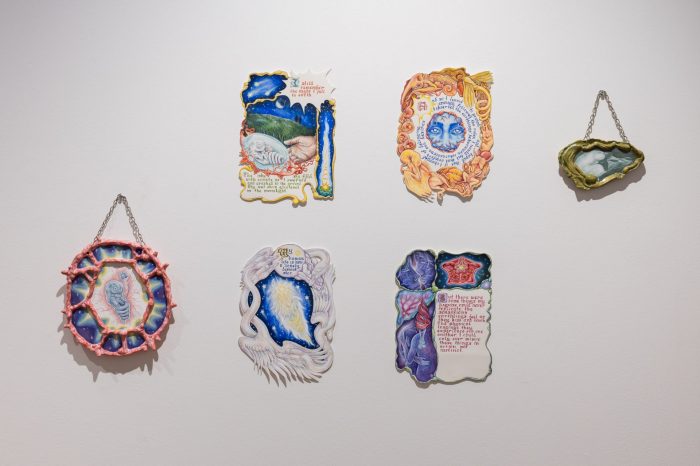 Tash Brobyn, ‘Cygnet’ 2025. Watercolour and gouache on cotton paper, gouache on earthenware; 4 paintings: approx. 25 x 21cm each; 2 ceramic pieces: 25 x 23cm, 9 x 14cm.