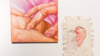 Trinity Johnson, ‘Puncture (holding it together)’ 2025. Recycled pillowcase, eucalyptus oil, acrylic, oil and canvas; Canvas work: approx. 100 x 100cm; Fabric work: approx. 70 x 50cm.