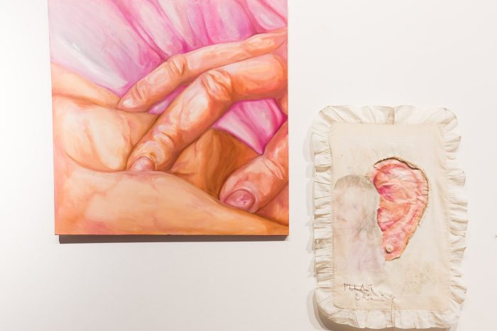 Trinity Johnson, ‘Puncture (holding it together)’ 2025. Recycled pillowcase, eucalyptus oil, acrylic, oil and canvas; Canvas work: approx. 100 x 100cm; Fabric work: approx. 70 x 50cm.