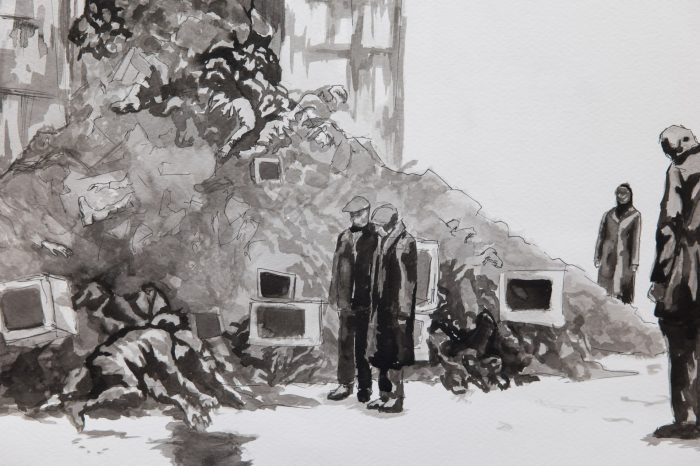 Anna Alexanderova, ‘The State of Ruin’ (2025). Sumi ink and fine liner pen on watercolour paper, 150cm x 130cm. Photograph: Anna Kucera.