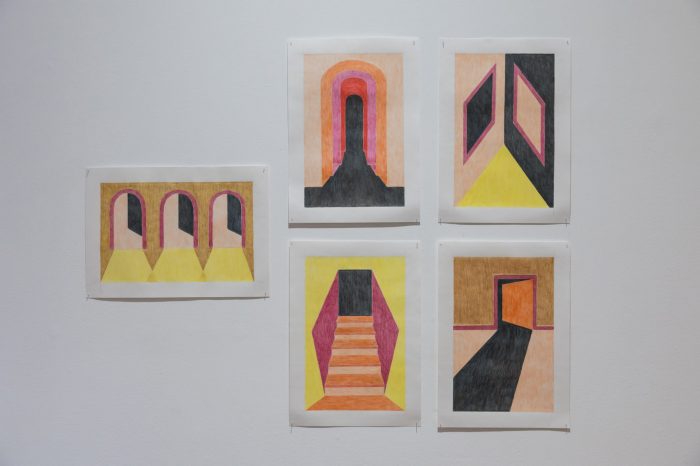 Mia Hayward, ‘Within those two lines, there is a threshold’ (2025). Bed sheets, ceramic, cotton thread, coloured pencil on paper, 179.4cm x 84cm. Photograph: Anna Kucera.