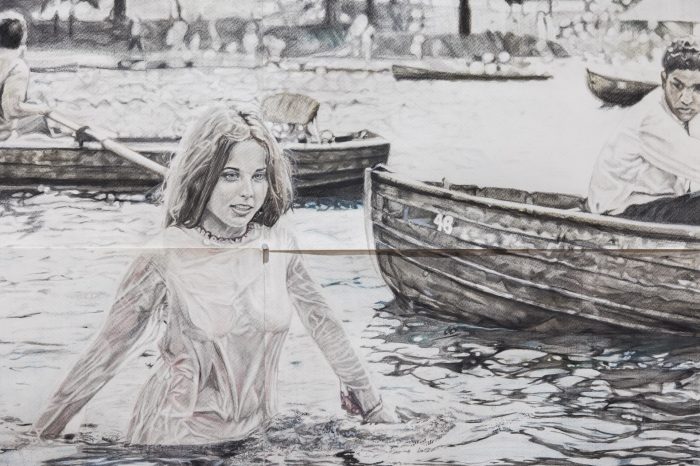 Payal Khanna, ‘Hippie Girl’ (2025). Graphite and soft pastel on sanded (vertically) cotton paper; 4 panels, A2 each, arranged 2×2 grid, 118.9cm × 84.1cm. Photograph: Anna Kucera.