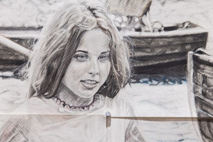 Payal Khanna, ‘Hippie Girl’ (2025). Graphite and soft pastel on sanded (vertically) cotton paper; 4 panels, A2 each, arranged 2×2 grid, 118.9cm × 84.1cm. Photograph: Anna Kucera.