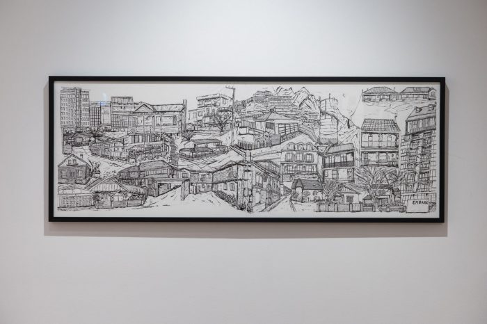 Ava McClure, ‘Twenty-four homes’ (2025). Ink pen on paper, 63.5cm x 172.2cm. Photograph: Anna Kucera.