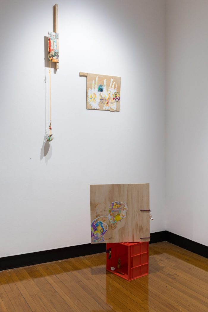 Mei Lin Meyers, ‘Rhizome’ (2025). Pencil on lined paper and cardstock, PVA glue, wood, printed photos, plastic containers, and objects. Photograph: Anna Kucera.