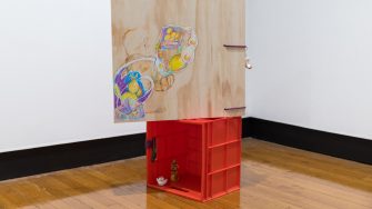 Mei Lin Meyers, ‘Rhizome’ (2025). Pencil on lined paper and cardstock, PVA glue, wood, printed photos, plastic containers, and objects. Photograph: Anna Kucera.