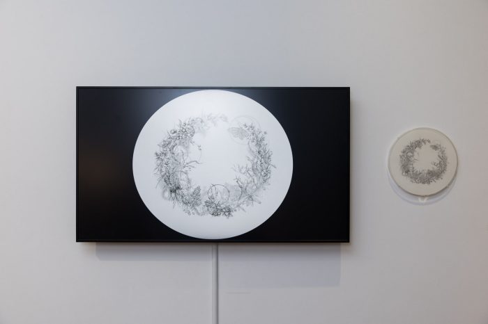 Eva Nolan, ‘Erasure’ (2021). Graphite pencil on paper, acrylic round, 32cm x 32 cm; 4k digital animation. Photograph: Anna Kucera.