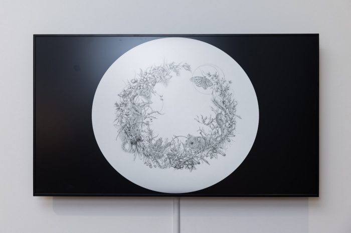 Eva Nolan, ‘Erasure’ (2021). Graphite pencil on paper, acrylic round, 32cm x 32 cm; 4k digital animation. Photograph: Anna Kucera.