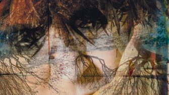 Aarhon Silver, Excerpt from: ‘Feeling Anxious, There That's Better’ (2025). Acrylic on stretched canvas, ink, digital print on canvas assemblage, 178cm x 192cm. Photograph: Anna Kucera. 