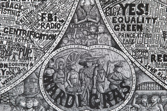 Jeremy Smith, ‘Gaybourhood Bubbles of Sydney’ (2023 - 2025). Pen on paper, 110cm x 224cm. Photograph: Anna Kucera.