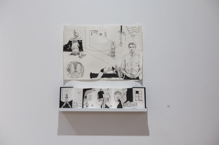 Riley Stafford, ‘Black Pillars/Nijinsky, Convexity/Concavity’ (2025). Ink and texta on paper, 56cm x 39cm, 72cm x 14cm. Photograph: Anna Kucera.