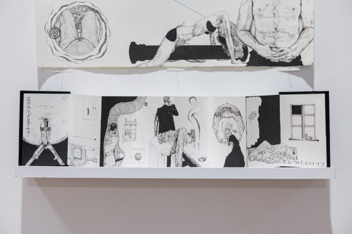 Riley Stafford, ‘Black Pillars/Nijinsky, Convexity/Concavity’ (2025). Ink and texta on paper, 56cm x 39cm, 72cm x 14cm. Photograph: Anna Kucera.