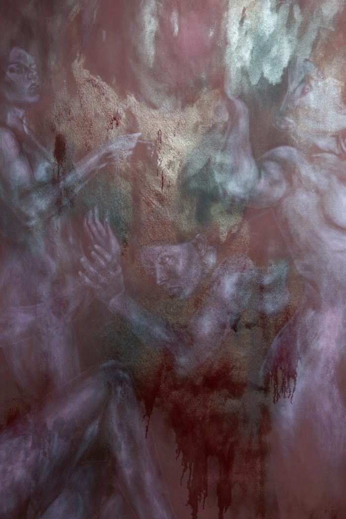 Skye Wallace, ‘Self-Encounters’ (2025). Oil, pencil and burgundy primer on unstretched canvas, 210cm x 250cm. Photograph: Anna Kucera.