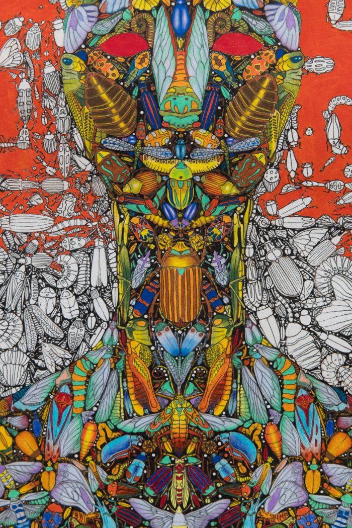 Chelsea Kee Yii Wong, ‘Visitation from a march of curious insects’ (2025). Black fine line pen, colour pencil on white 200 gsm paper, 3 panels: 59.4cm x 42cm, 23cm x 23cm, 23cm x 23cm. Photograph: Anna Kucera.