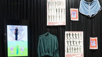 Monica Jie Xu, ‘Body on Repeat: Broadcast Exercise Study’ (2025). Soft-tip colour markers, Chinese black ink, 0.2 mm fineliner pens on 110gsm cartridge paper; mounted on six joined sheets (three A3 and three A4); digital video projection with colour manipulation and motion-trace overlays; bilingual handwritten annotation. Photograph: Anna Kucera.