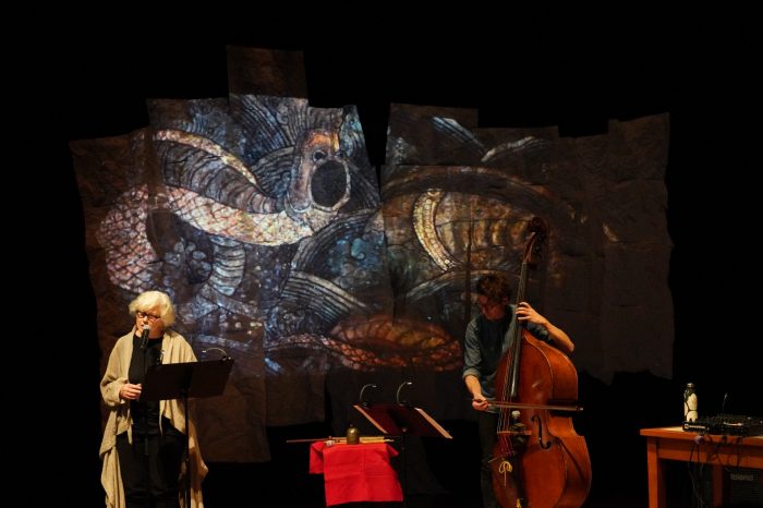 A woman on the left is speaking into a microphone and a man on the right is playing cello.