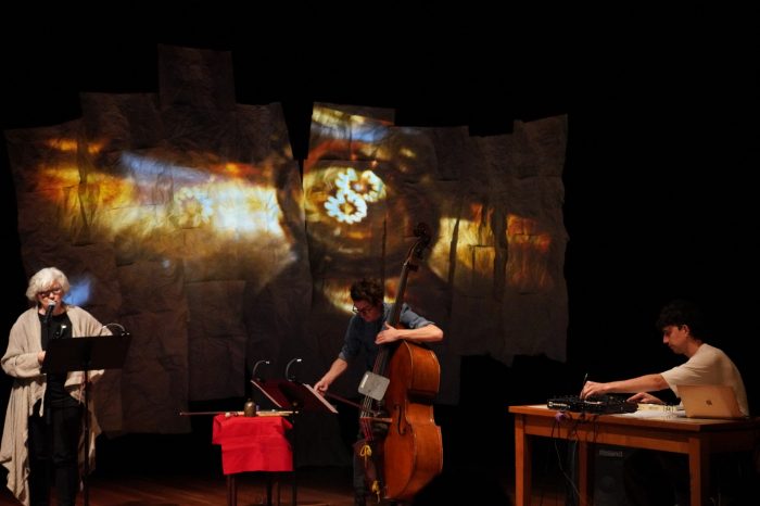 A trio - one is speaking, one is playing the cello, and another is on a soundboard.