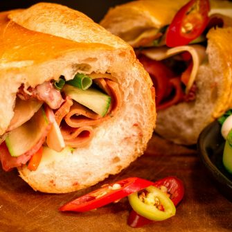 Close-up of a Vietnamese banh mi sandwich